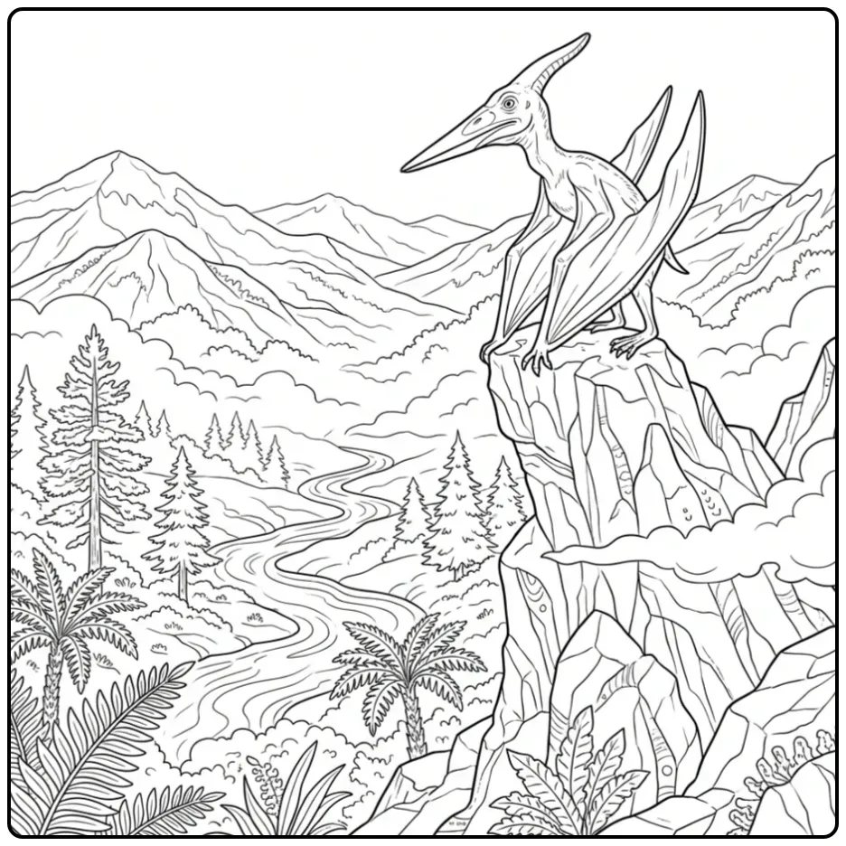 Realistic Pterodactylus on a Tall Rocky Point coloring page