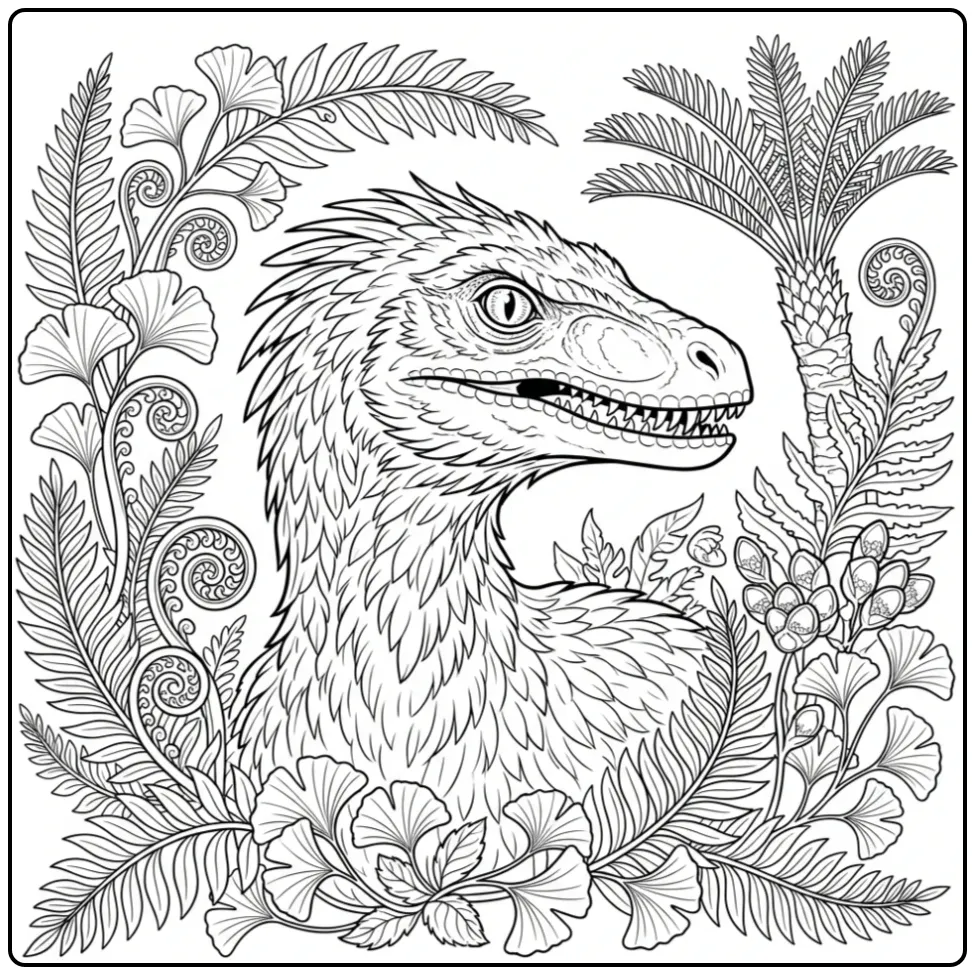 Realistic Raptor Prehistoric Leaf coloring page