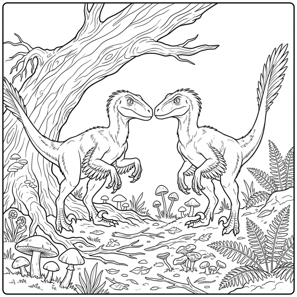 Velociraptor coloring page with two raptors by a fallen tree