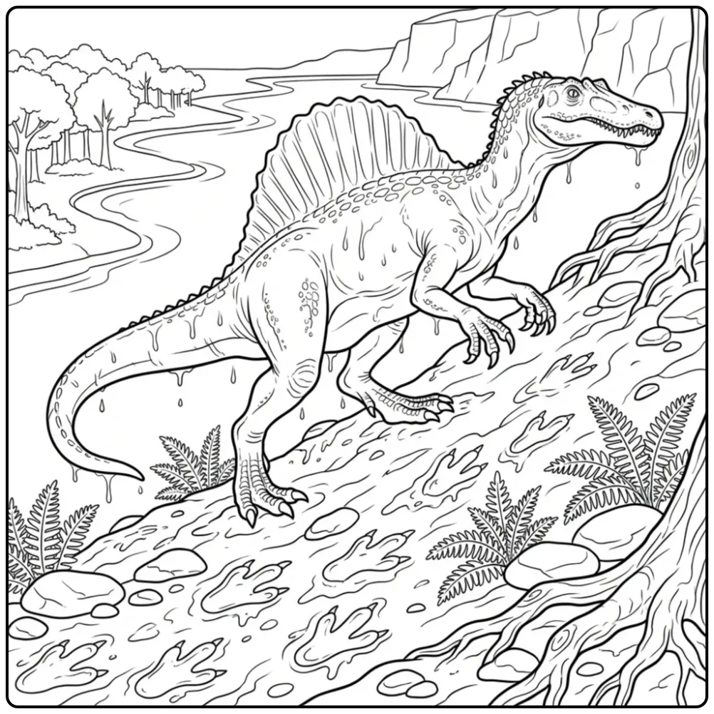 Spinosaurus coloring page climbing out of the water