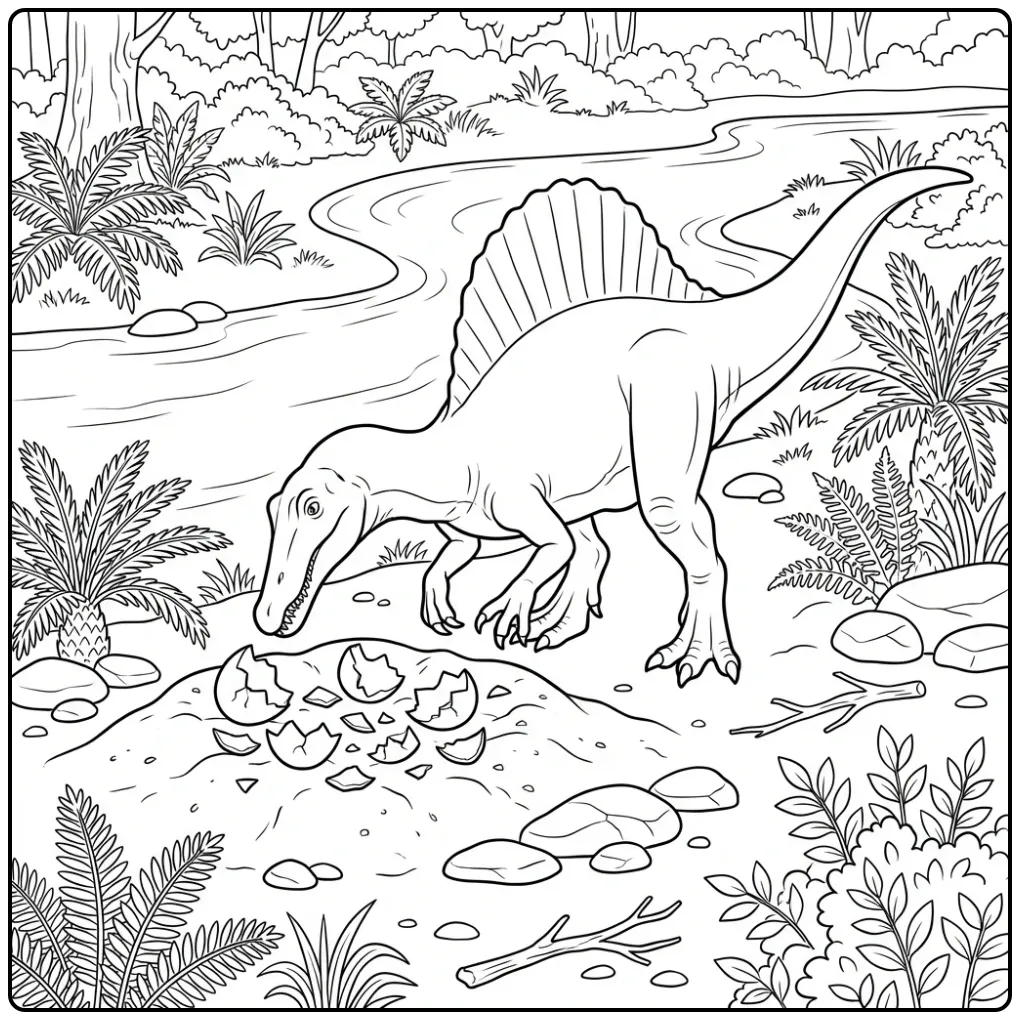 Spinosaurus coloring page sniffing a nest with eggs