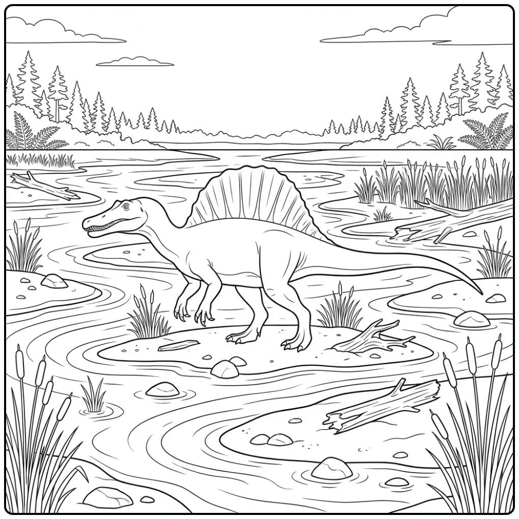 Spinosaurus coloring page walking through a prehistoric river