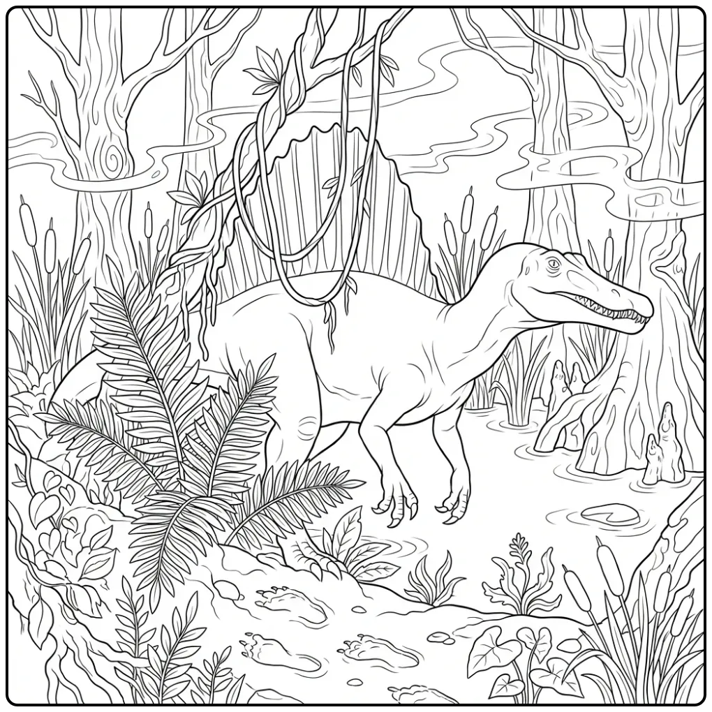 Spinosaurus coloring page walking through a dense swamp
