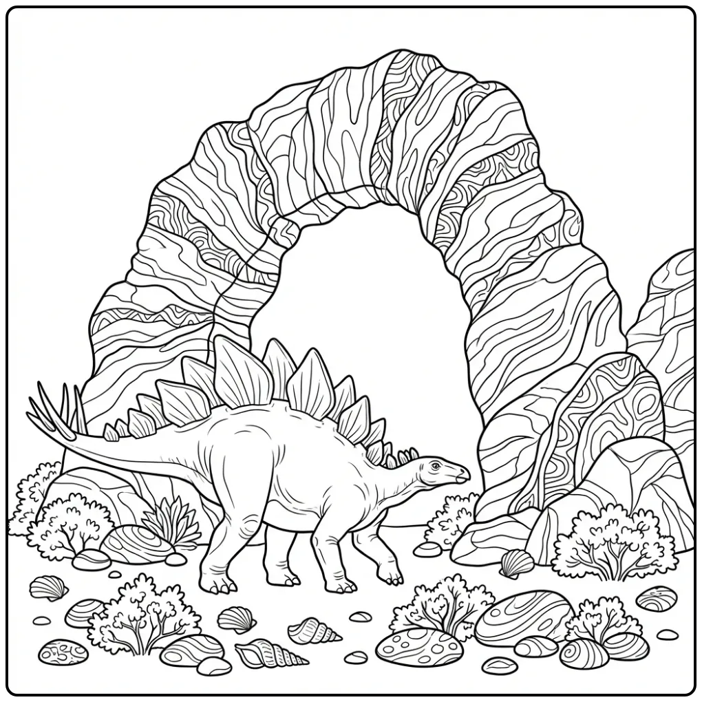 Realistic Stegosaurus by a Stone Arch coloring page