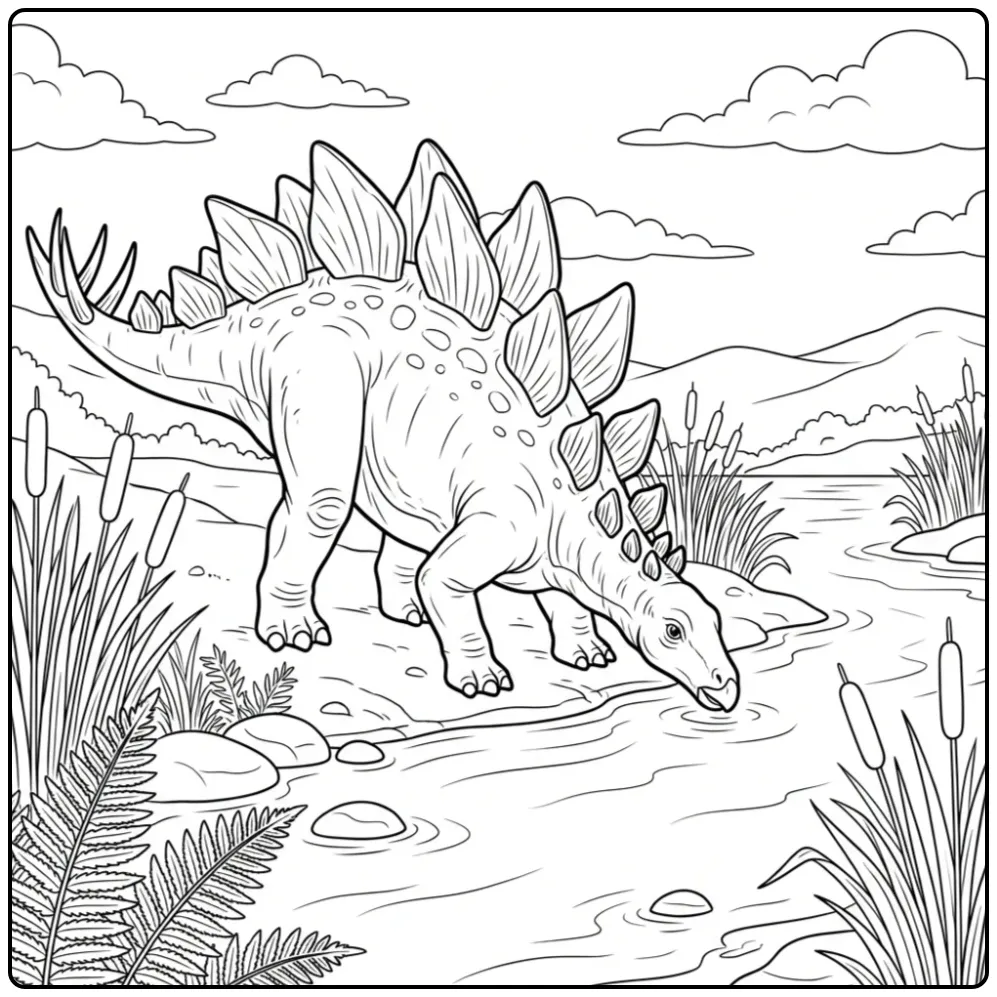 Realistic Stegosaurus Drinking from the River coloring page