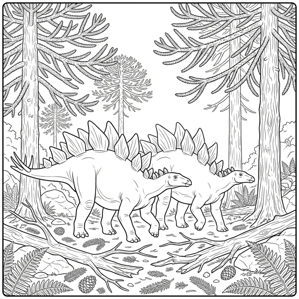 Stegosaurus coloring page with two dinosaurs in the forest