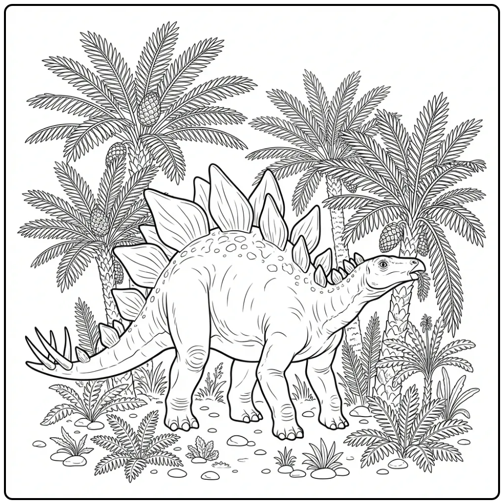 Realistic Stegosaurus Among the Plants coloring page