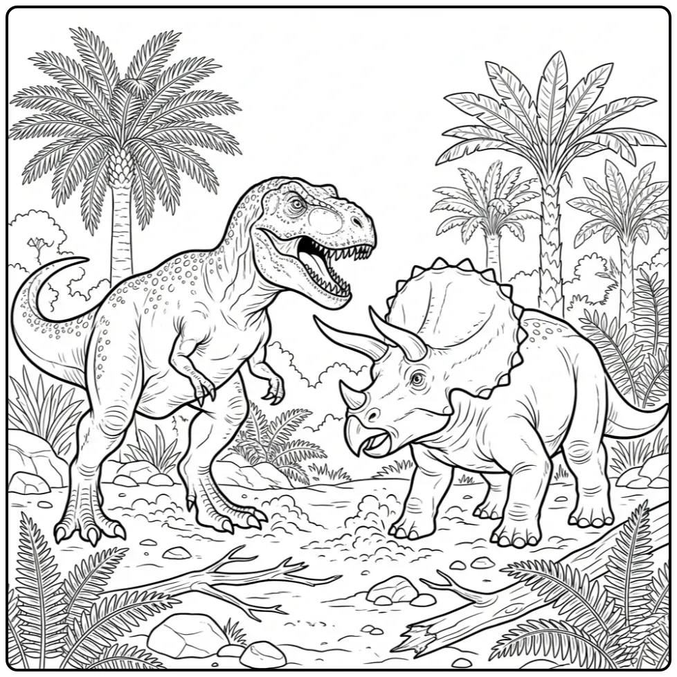 Exciting T. Rex coloring page with a Triceratops fight