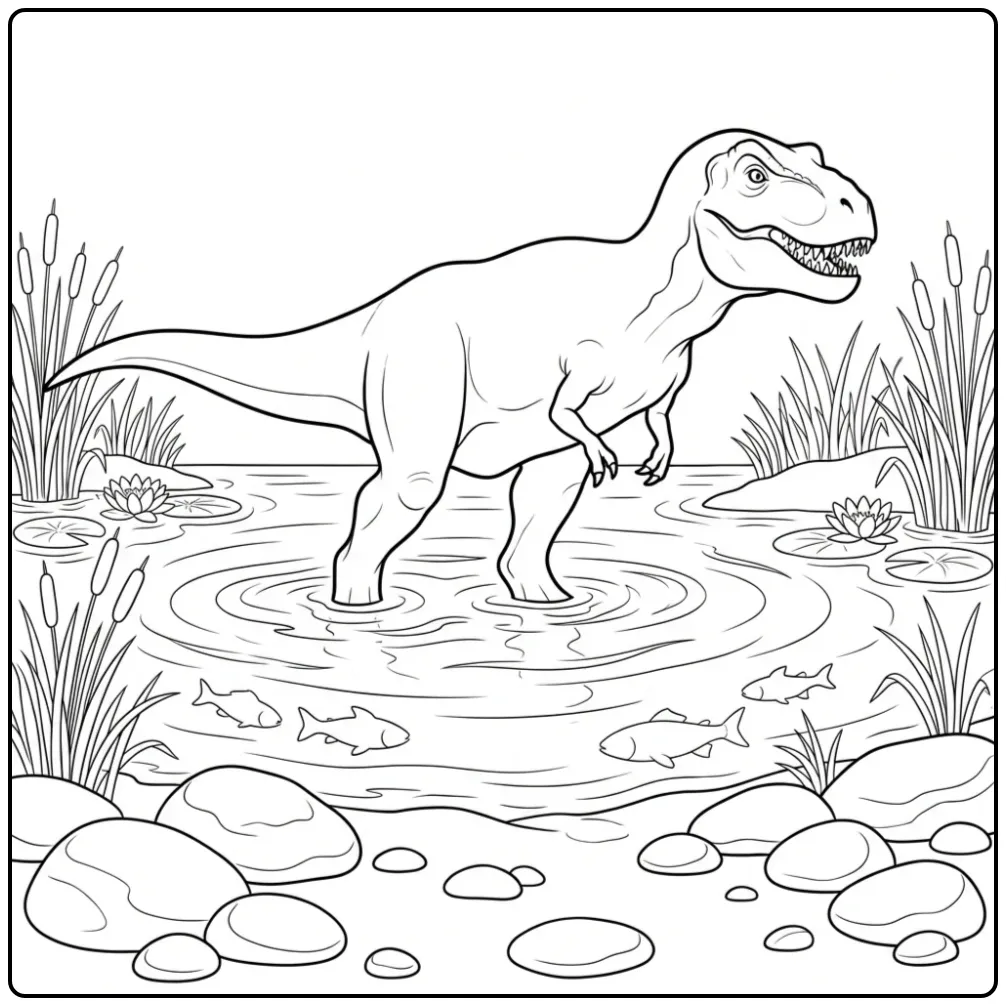 Wading T. Rex coloring page between water lilies and reeds