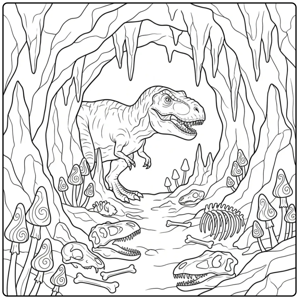 T. Rex coloring page of a dinosaur by a dark cave