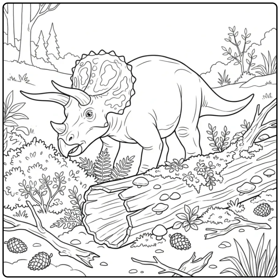Triceratops coloring page sniffing plants and trees
