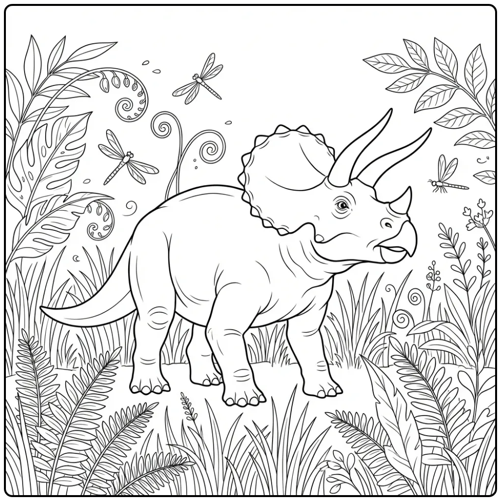 Realistic Triceratops coloring page in prehistoric grass