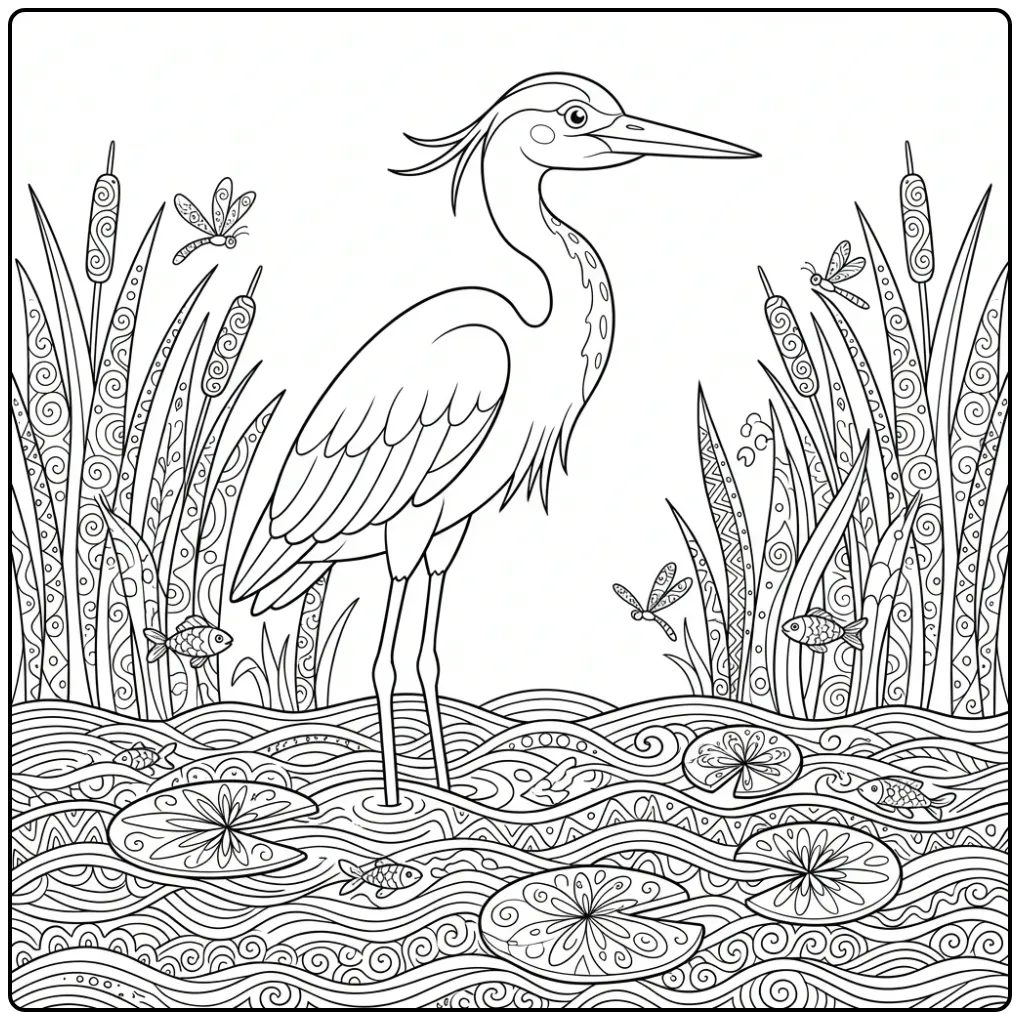 Heron in the Reeds Bird for Adults coloring page