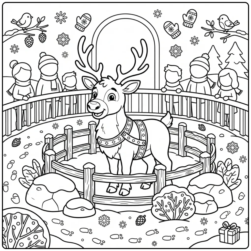 Reindeer coloring page showing a reindeer at the zoo in snow