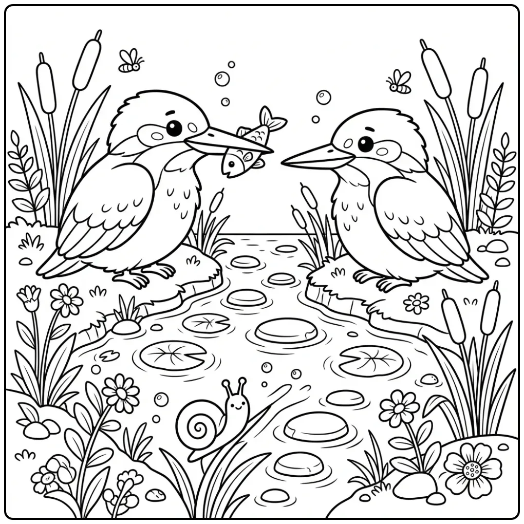 Kingfisher coloring page with small fish and reeds