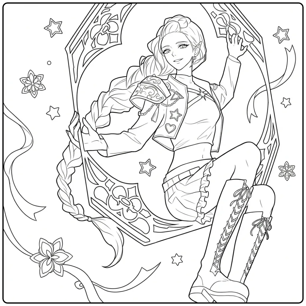 Rumi KPop Demon Hunters Swing Scene coloring page
