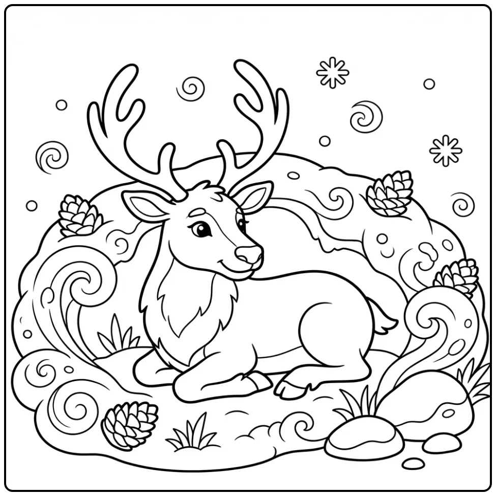 Reindeer coloring page featuring a resting reindeer in snow
