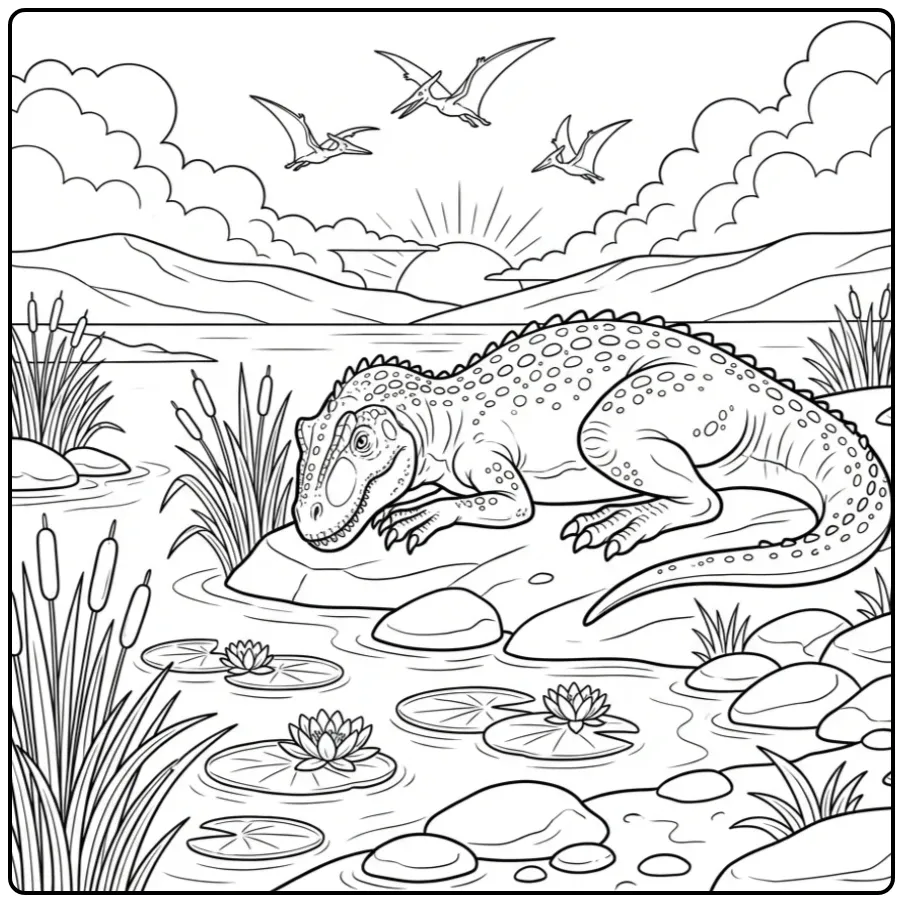 Realistic Allosaurus coloring page beside a prehistoric lake