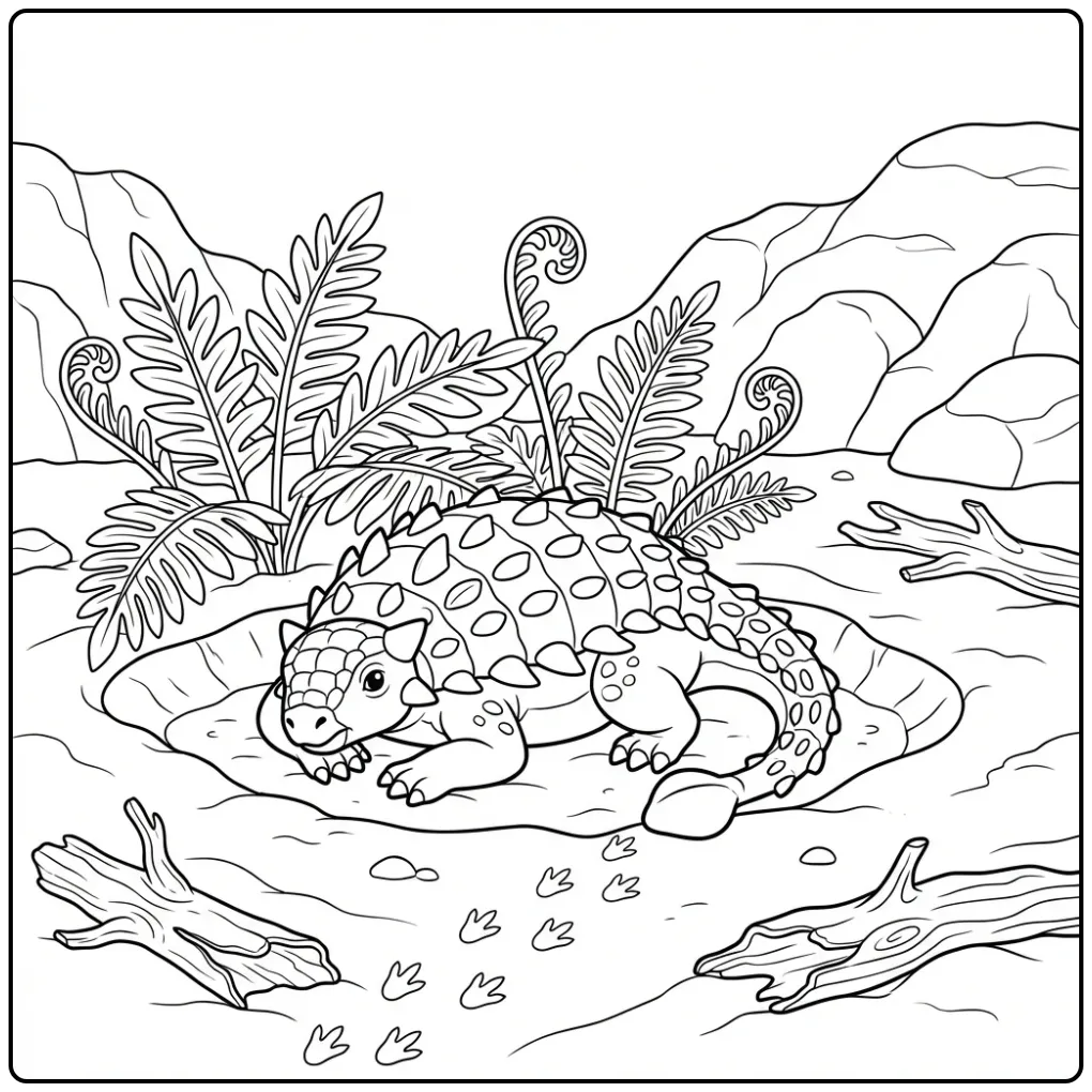 Ankylosaurus coloring page with plants and hills