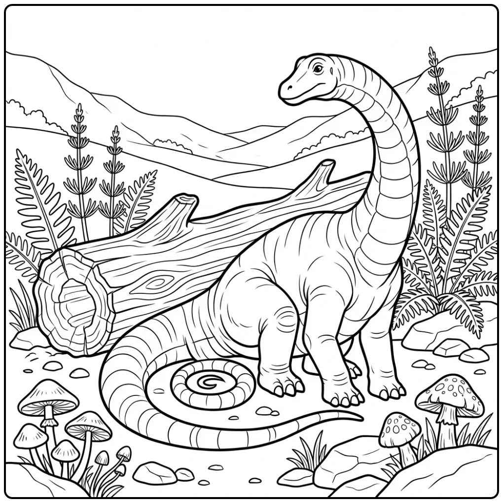 Realistic Diplodocus coloring page near a large tree trunk