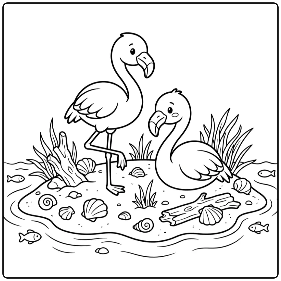 Resting Flamingo on a Sand Island coloring page