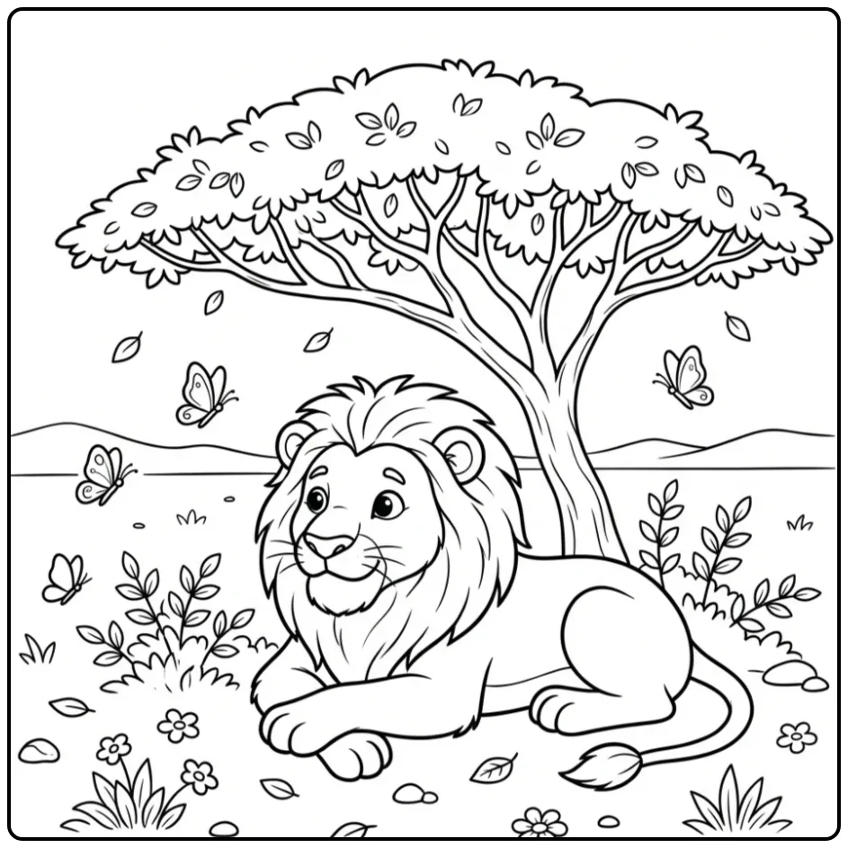 Cute lion coloring page resting under an acacia tree