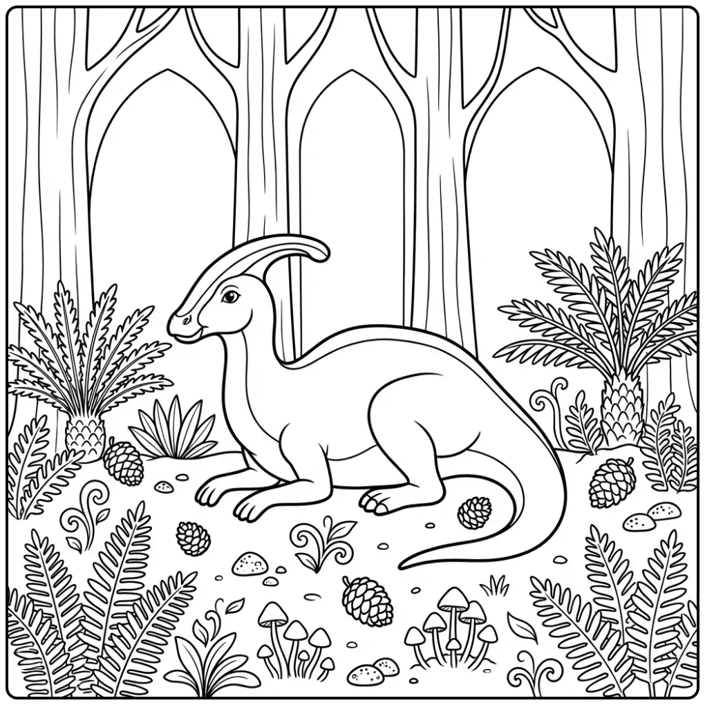 Detailed Parasaurolophus coloring page in the forest