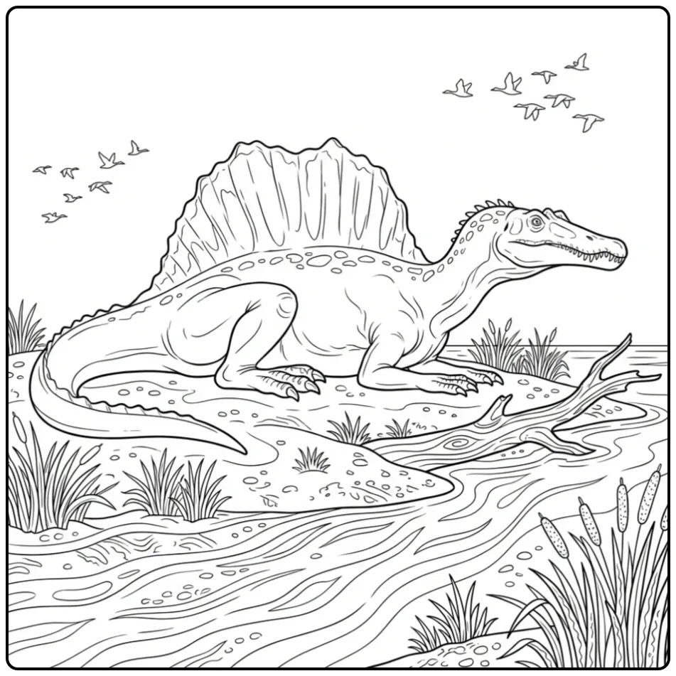 Detailed Spinosaurus coloring page on a sandbank