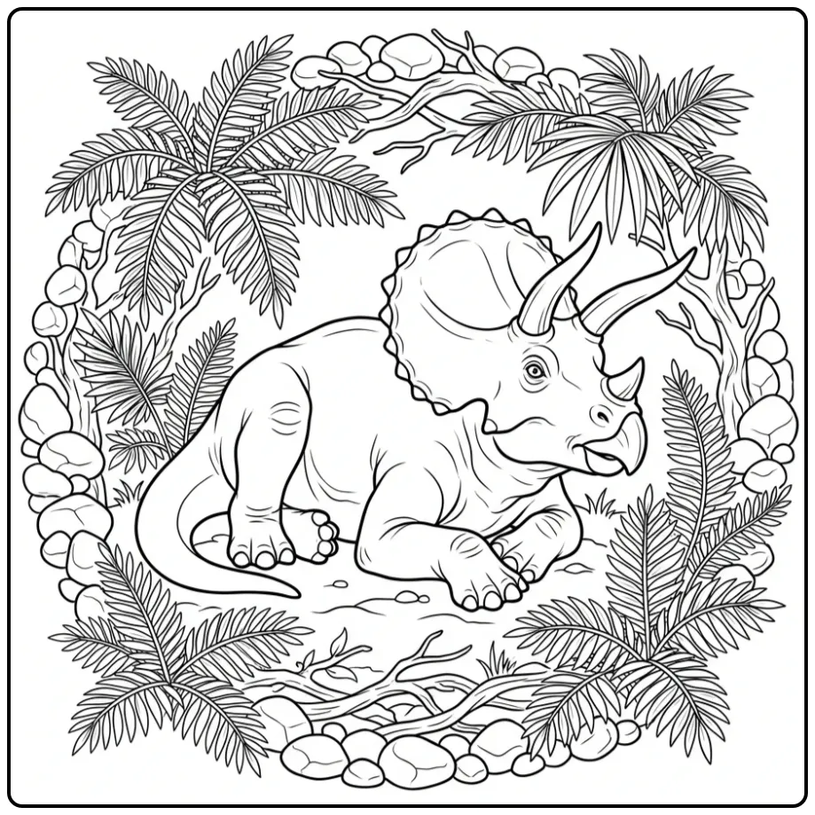 Detailed Triceratops coloring page lying on the ground