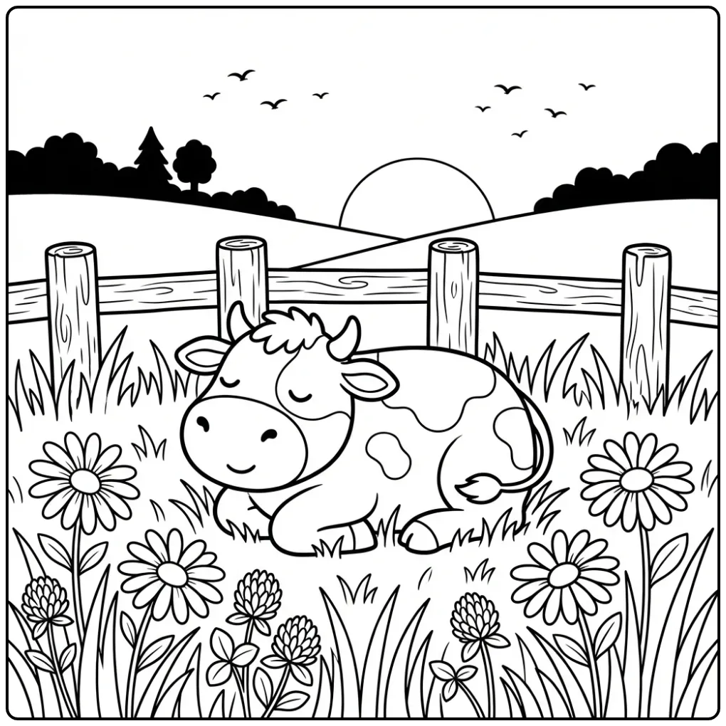 Quiet Farm Cow in the Meadow with Flowers coloring page