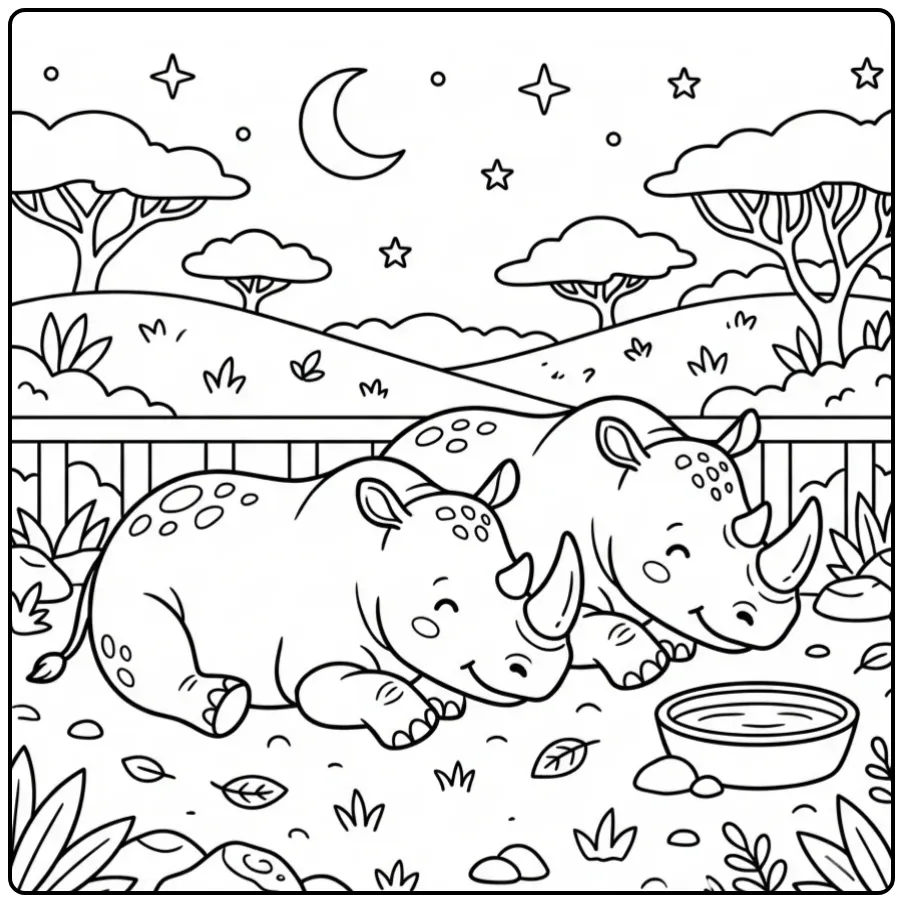 Rhino coloring page showing rhinos sleeping at night