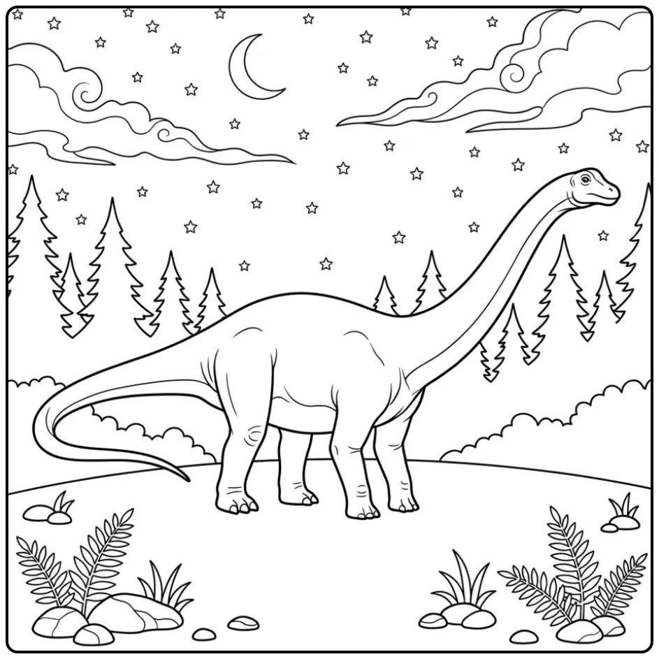 Detailed Diplodocus coloring page under the stars