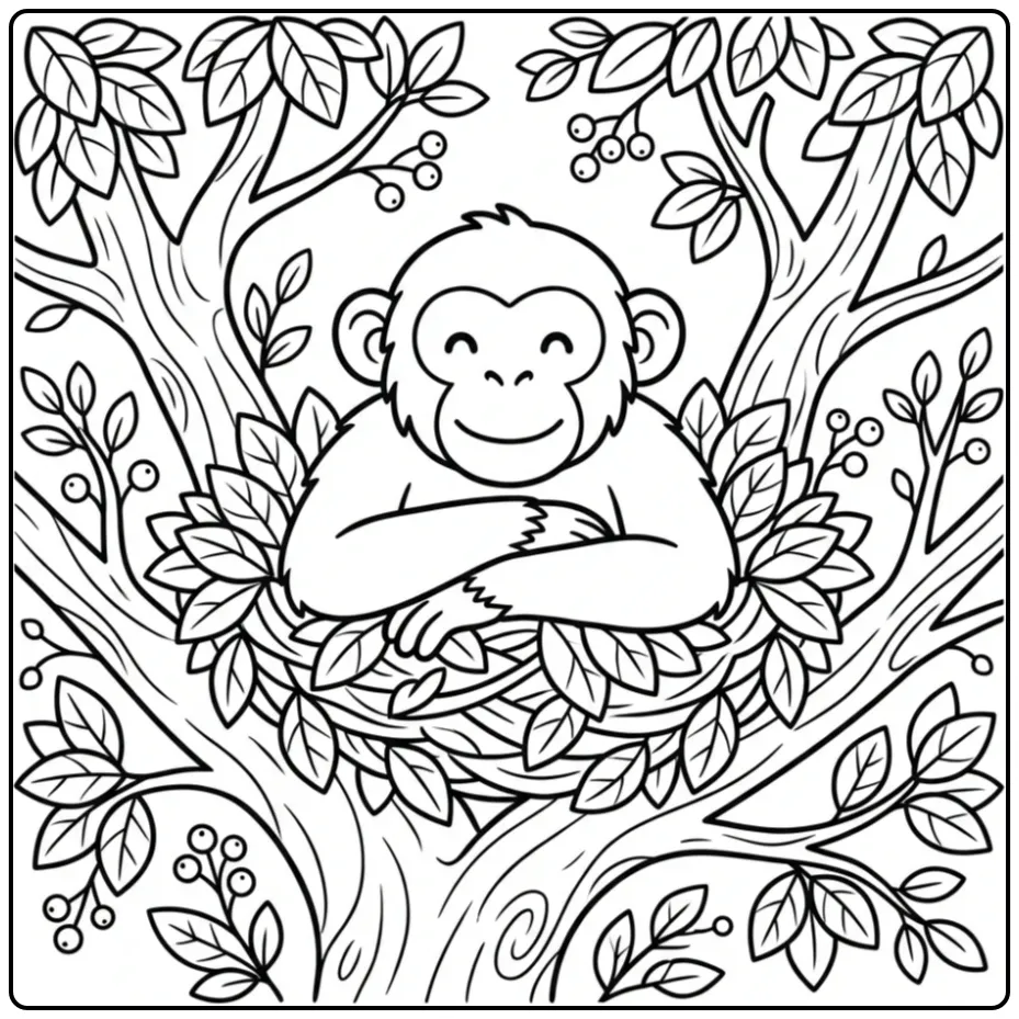 Chimpanzee coloring page resting in a tree nest