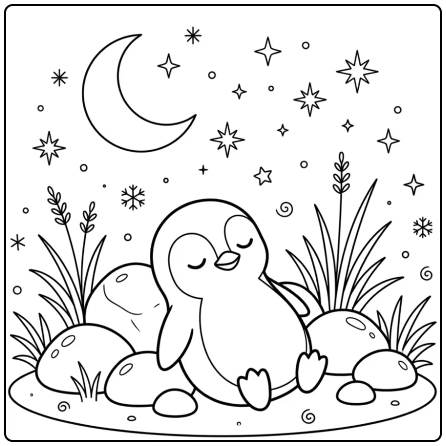 Quiet Penguin with Moon and Stars coloring page