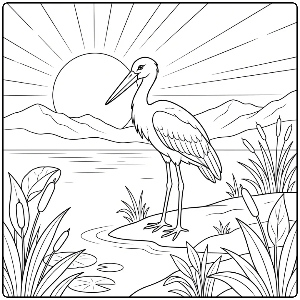 Quiet Stork by a Lake in Nature coloring page