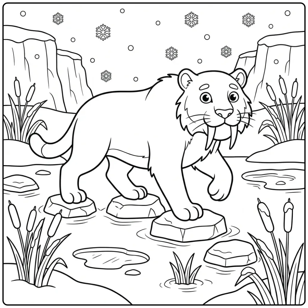 Saber-toothed tiger coloring page in snow