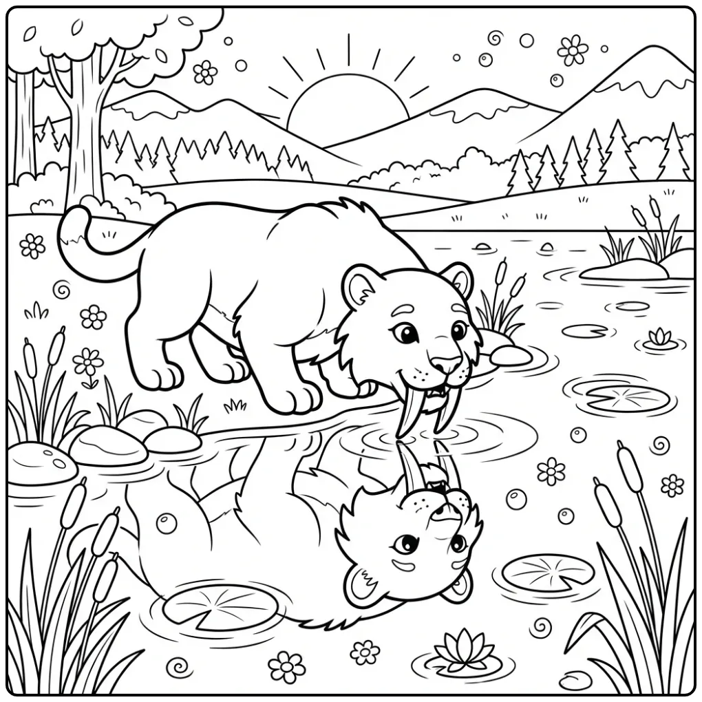 Saber-toothed Tiger Water and Mountains coloring page
