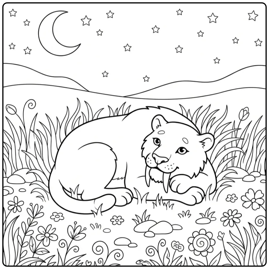 Saber-toothed Tiger Sleeping in the Grass coloring page