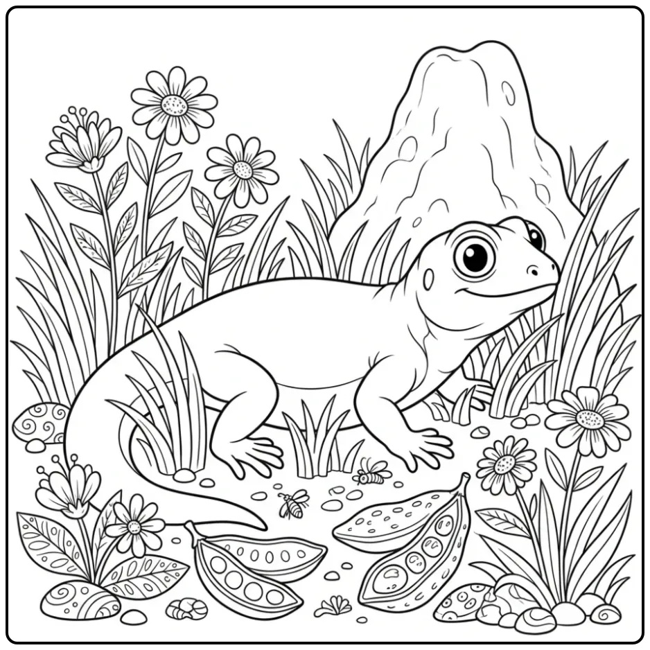 Lizard coloring page among grass and flowers