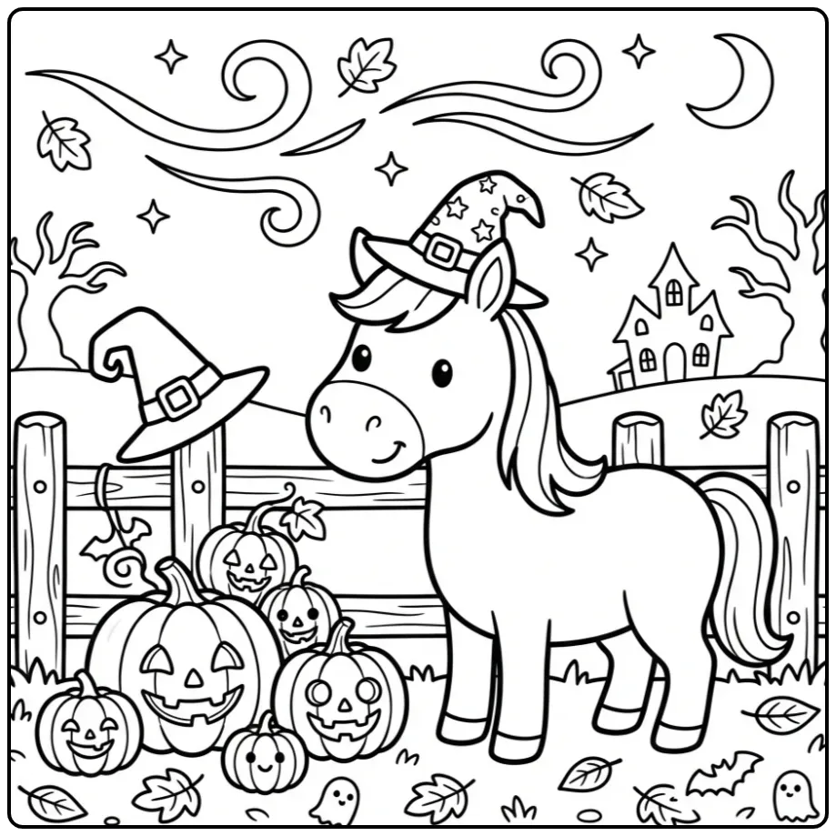 Cute Halloween Horse with Autumn Leaves coloring page