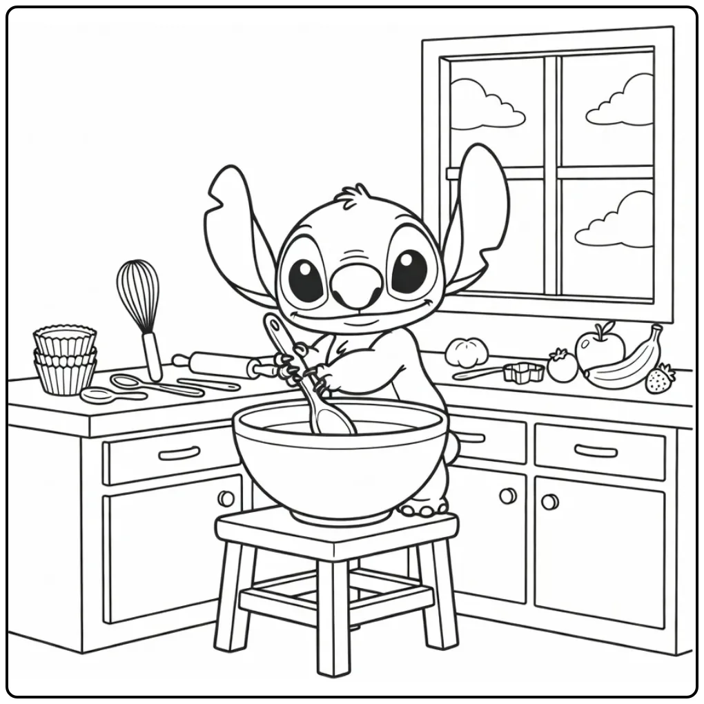 Cute Baby Stitch in the Kitchen coloring page