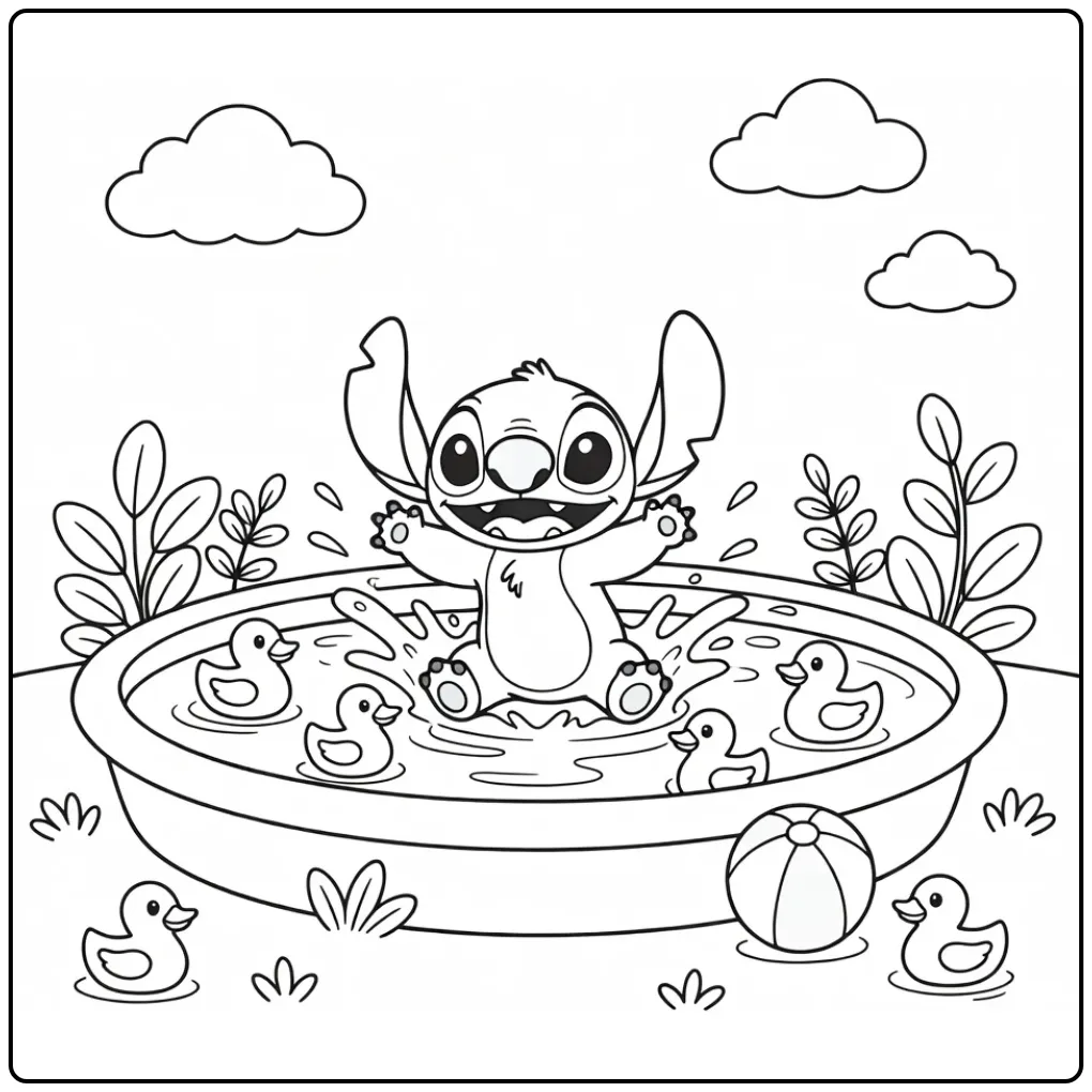 Baby Stitch coloring page with ducks and a ball