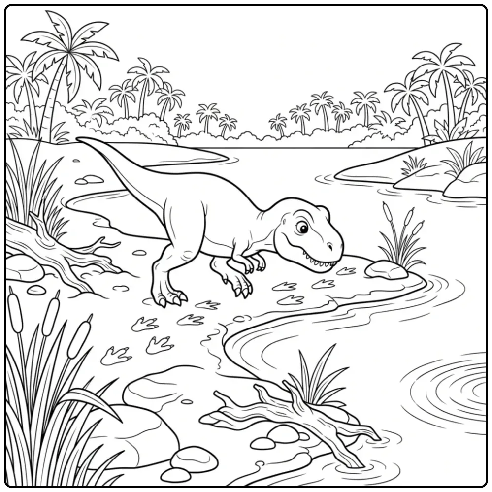 Young dinosaur searching for tracks on this T. Rex coloring page