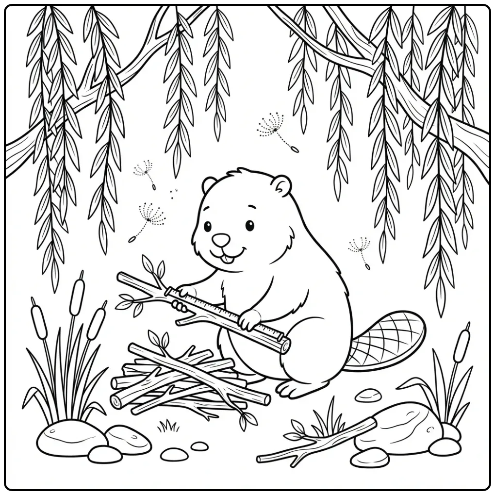 Beaver coloring page of a builder under willow branches
