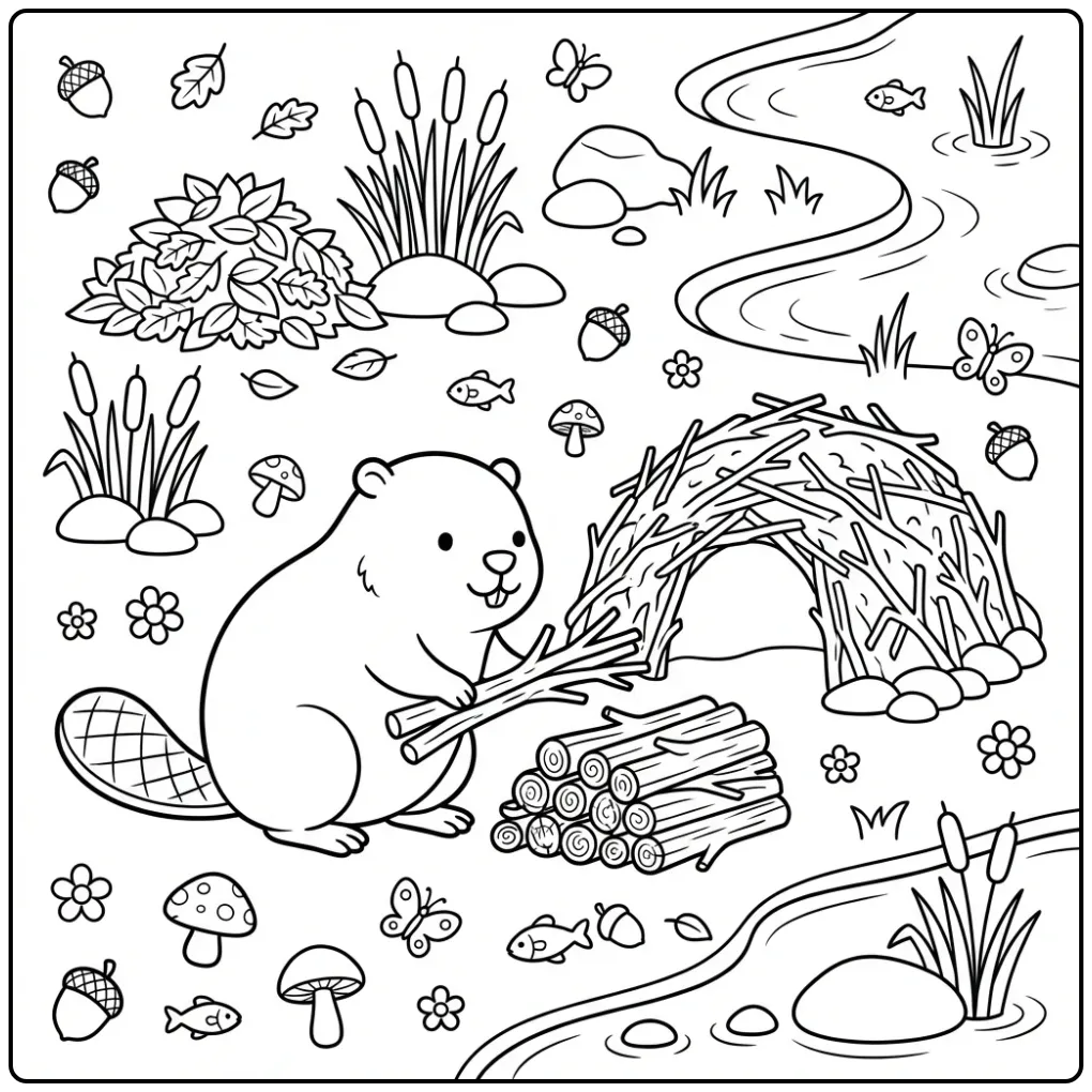 Cheerful beaver coloring page with branches by the river