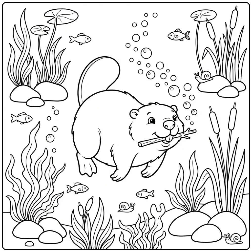 Swimming cartoon beaver coloring page underwater
