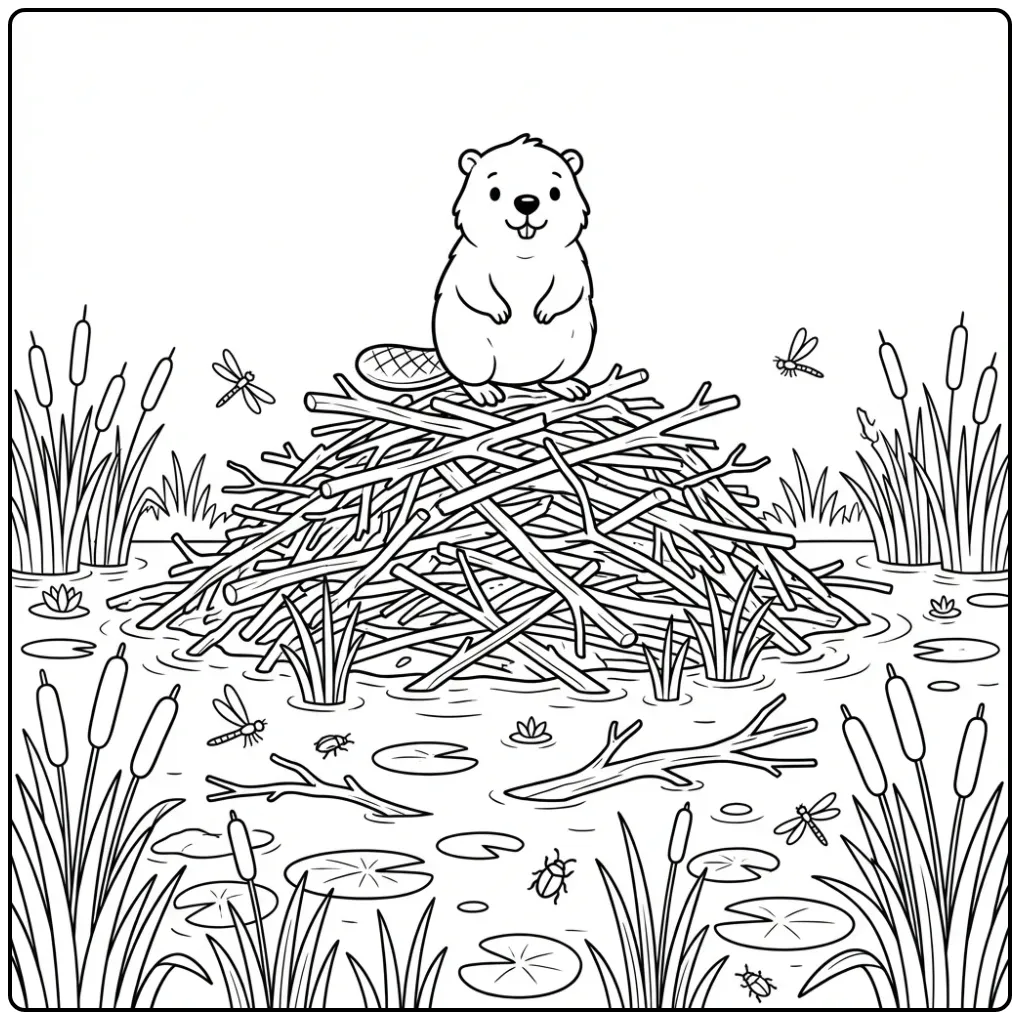 Beaver coloring page on a branch pile as a lookout