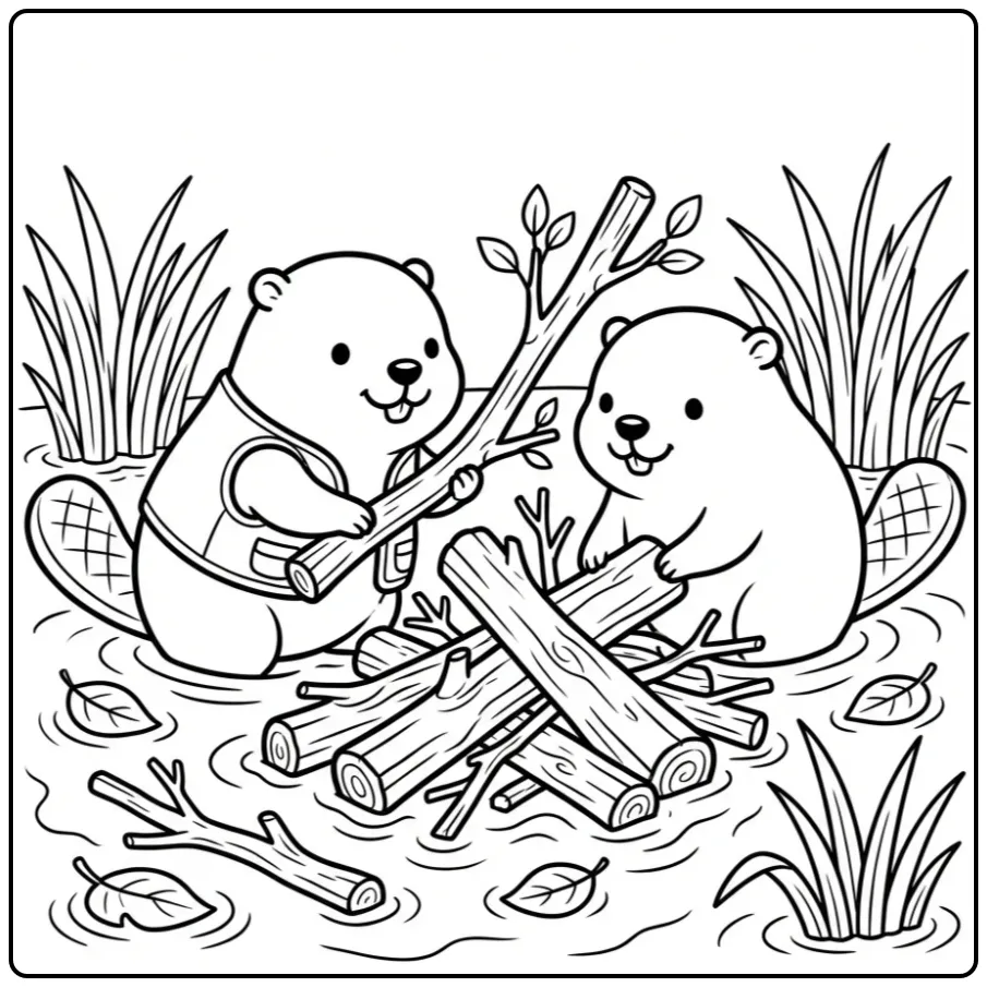 Two beavers working together on this beaver coloring page