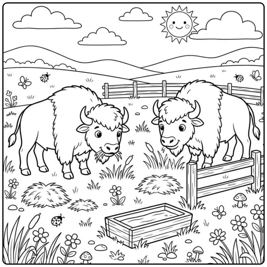 Bison coloring page with two grazing bison
