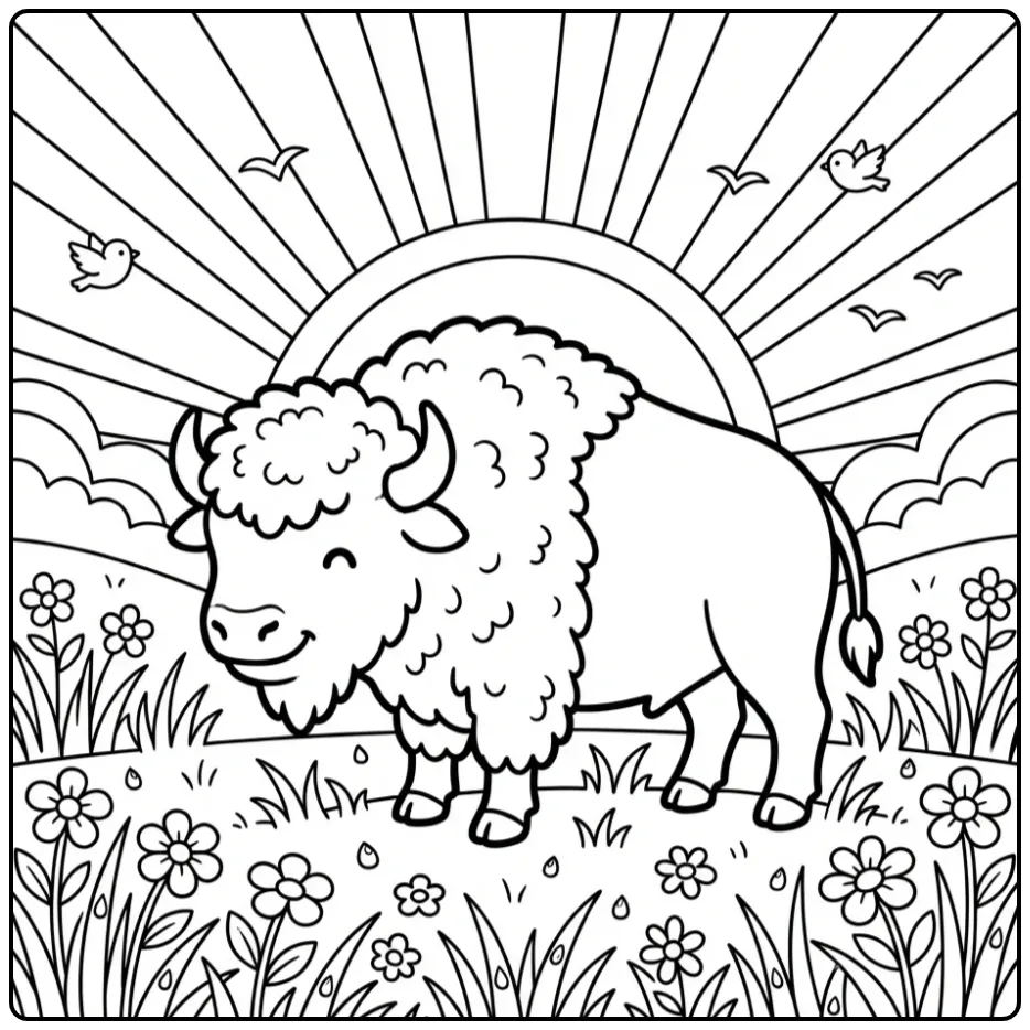 Cute Bison Sunrise coloring page